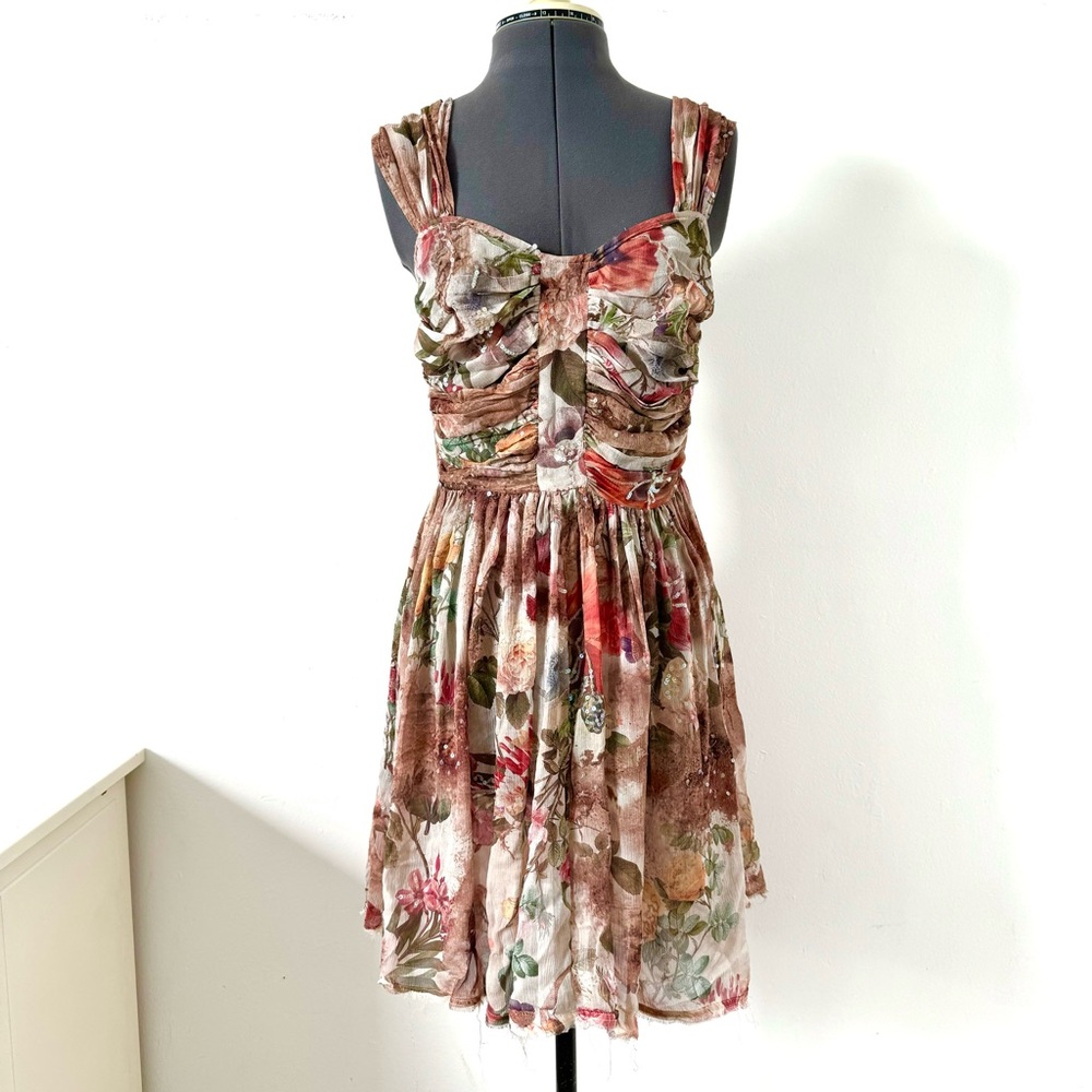 Vintage All Saints Spitalfields Floral Pink and Brown Ruched Dress sz US 6